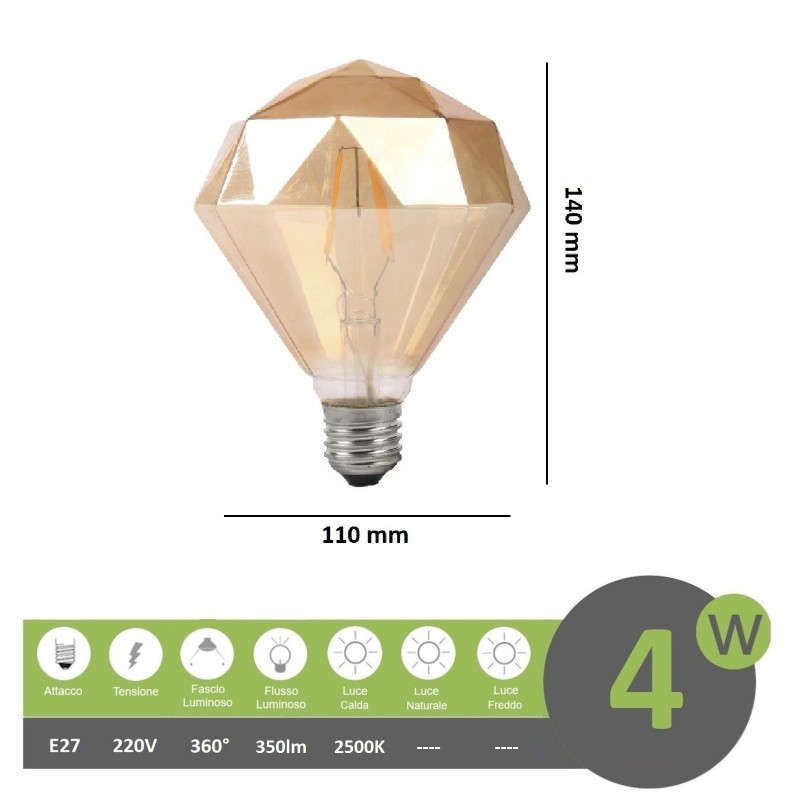 Lampadina filamento led attacco grande E27 4W cristallo diamante ambra lampada decorativa vintage luce calda