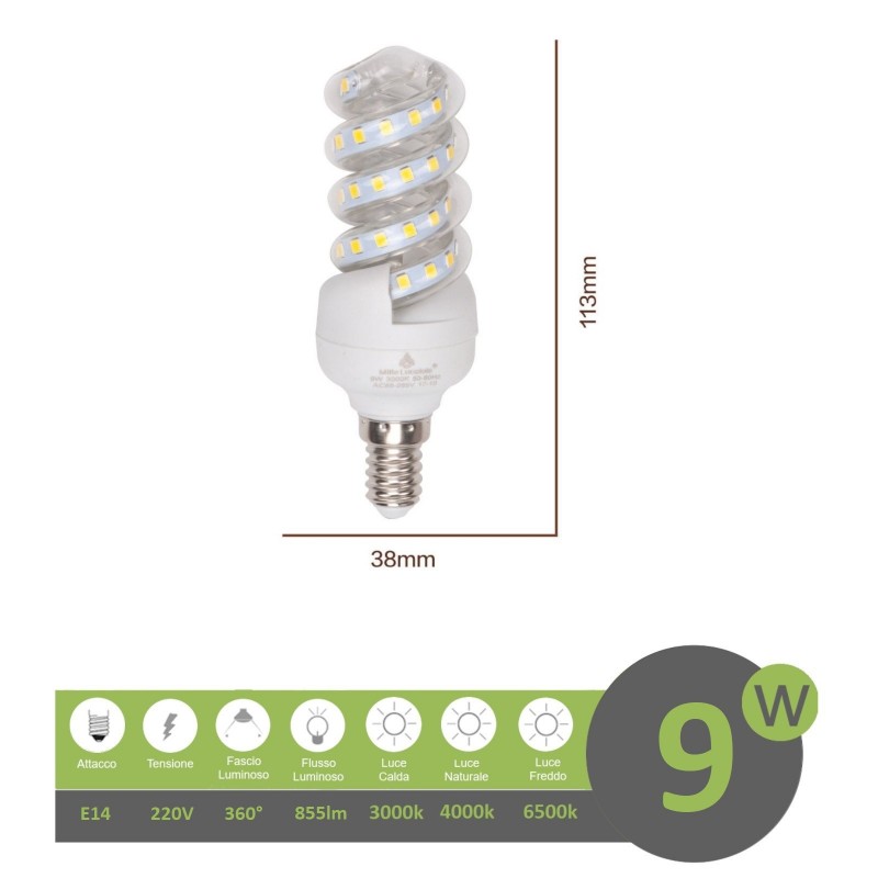 Lampadina led E14 9w tortiglione vortice luce spirale attacco piccolo bianca fredda naturale calda
