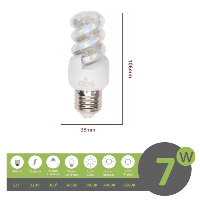 Lampadina led E27 7w tortiglione vortice luce spirale attacco grande bianca fredda naturale calda