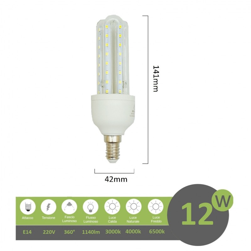 Lampadina led E14 12w 3U luce tubolare tubo attacco piccolo lineare bianca fredda naturale calda