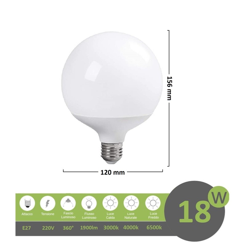 Lampadina led globo E27 18w palla sfera opaco luce attacco grande bianca fredda calda naturale