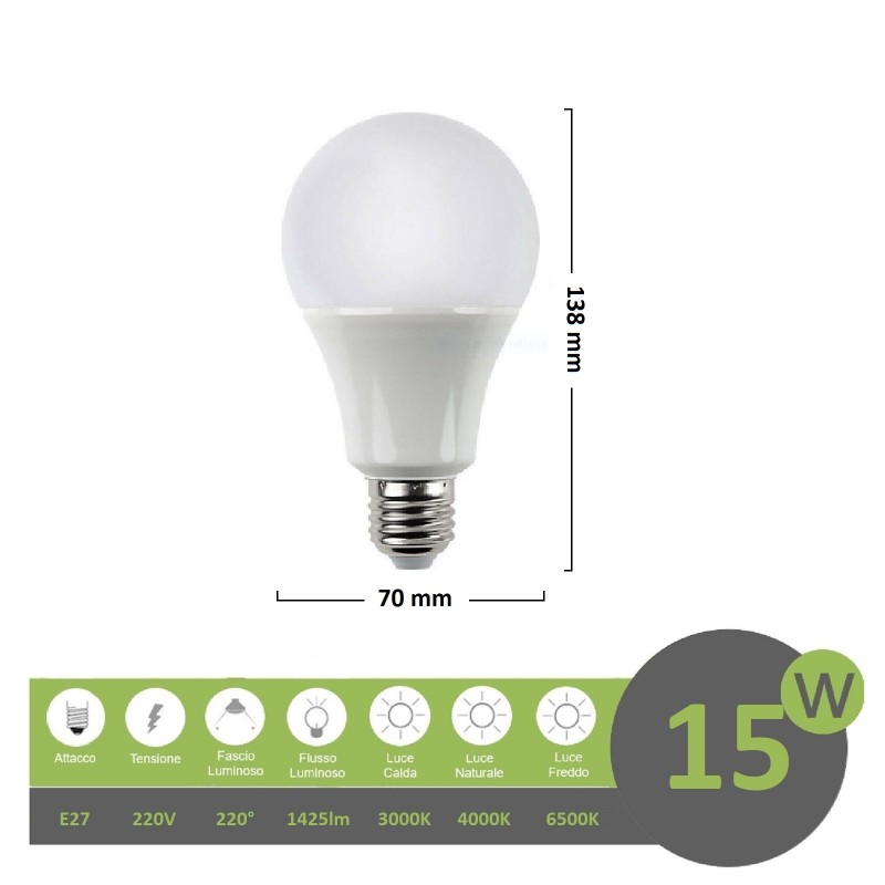 Lampadina led bulbo A70 E27 15w copertura opaca luce attacco grande bianca naturale calda