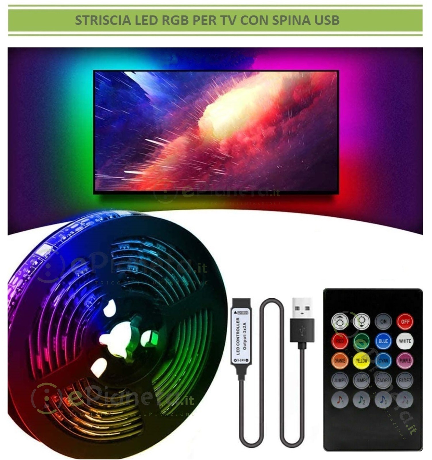 ✅ Striscia LED per TV 40-65 Pollici Ricaricabile USB con Telecomando 16 Colori 