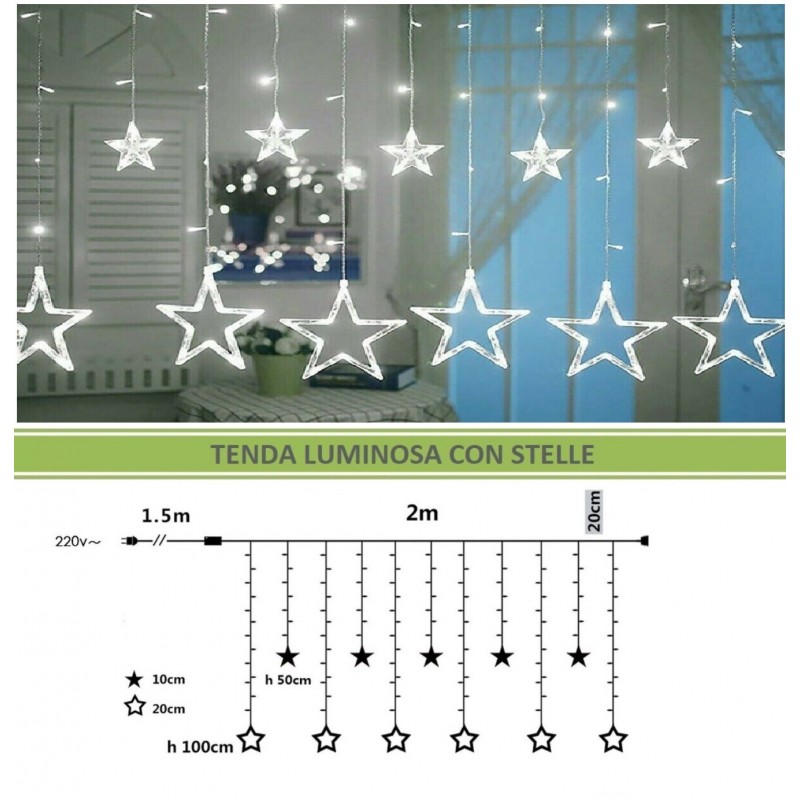 Tenda luminosa led con stelle 2x1 m luci di Natale decorazioni natalizie stelline luce bianca calda per addobbo feste