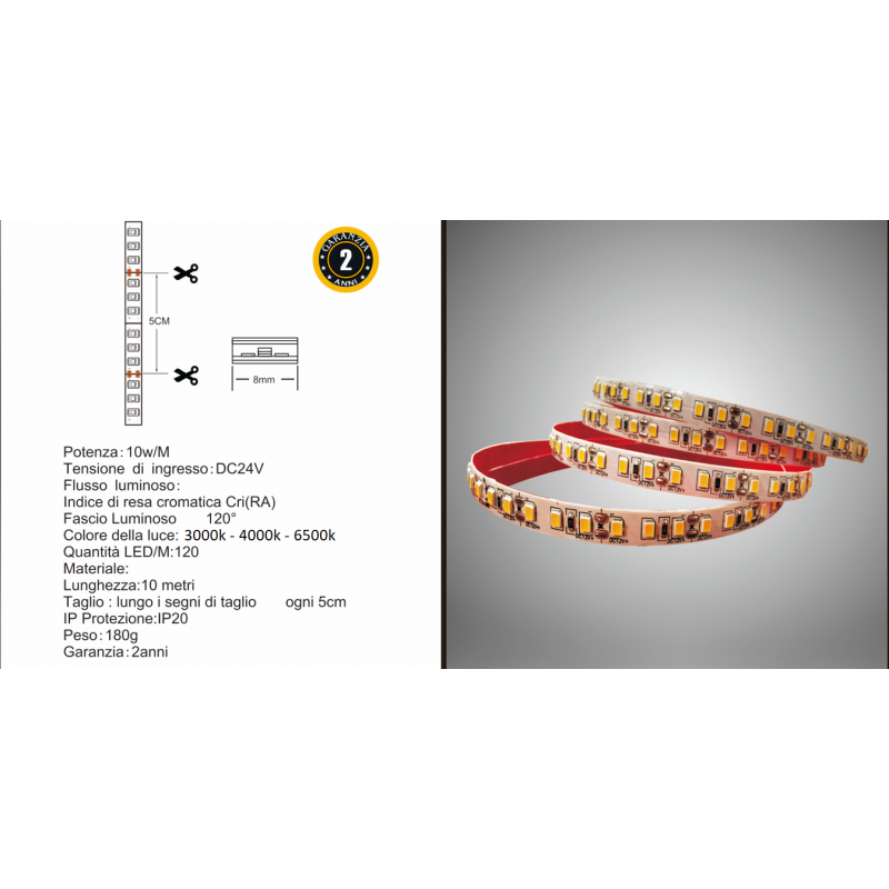 Stricia strip led 24V 12W 2835 IP20 alta luminosità biadesiva bobina 50mt 120 Led/mt