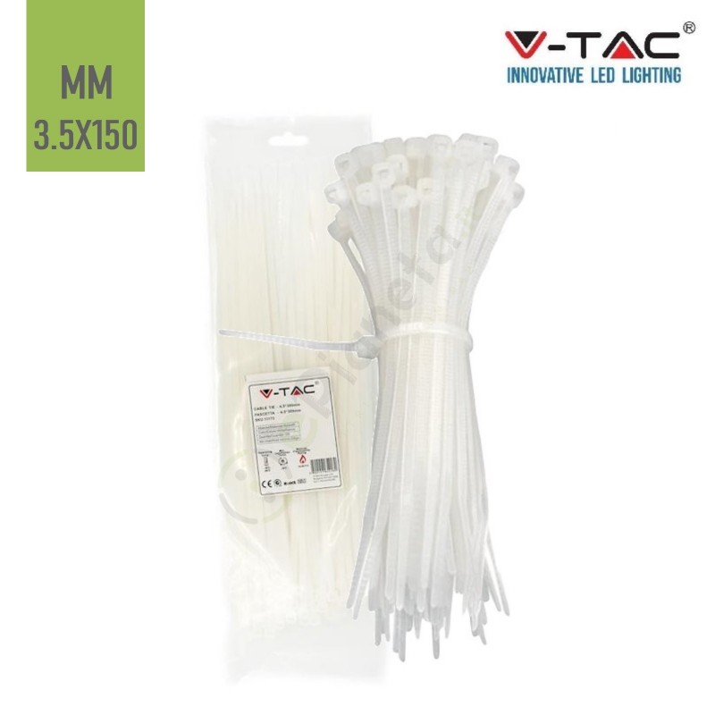 V-TAC Confezione da 100 fascette 3.5 x 150 mm stringicavo autobloccanti in nylon bianco fermacavi per cablaggi