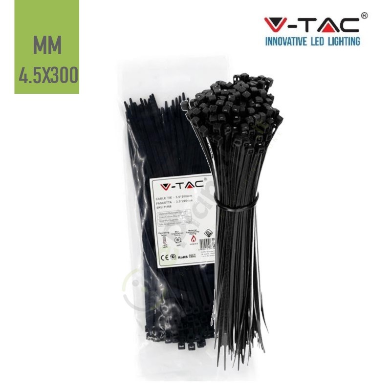 V-TAC Confezione da 100 fascette 4.5 x 300 mm stringicavo autobloccanti in nylon nere fermacavi per cablaggi
