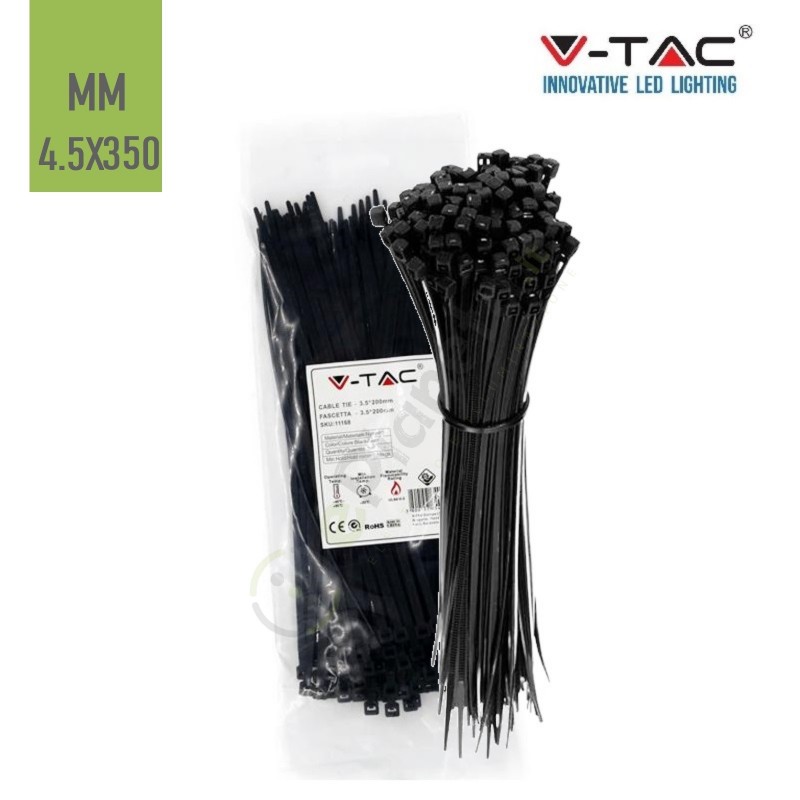 V-TAC Confezione da 100 fascette 4.5 x 350 mm stringicavo autobloccanti in nylon nere fermacavi per cablaggi