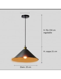Lampadario industry coppa a campana D.25cm in metallo nero interno oro design moderno vintage
