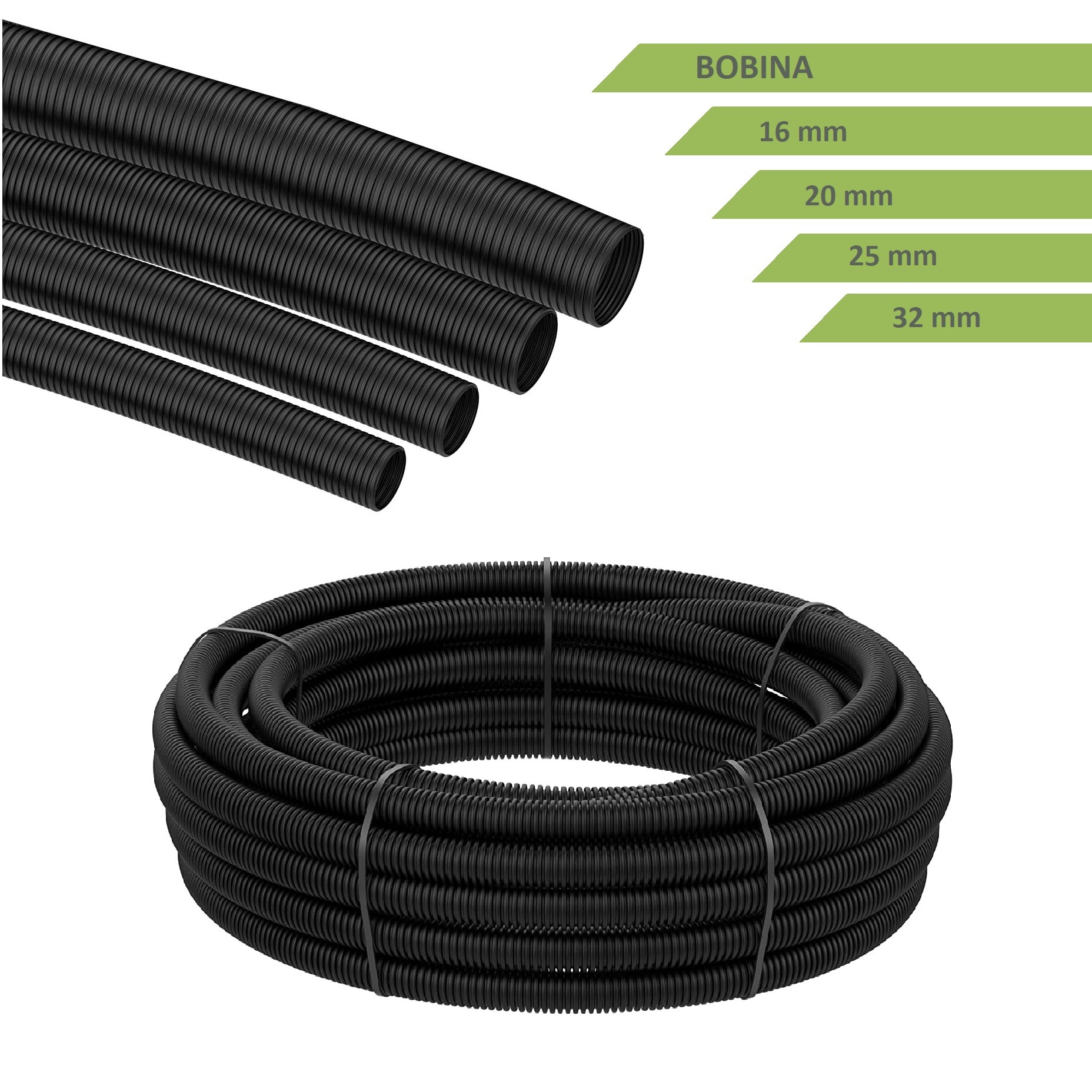 Tubo corrugato nero diametro da 16 20 25 32 mm pieghevole autoestinguente  flessibile per impianti cavi elettrici