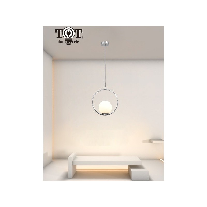 Lampadario a sospensione cerchio argento metallo con sfera in vetro bianco attacco E27 design moderno minimal