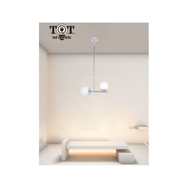 Lampadario a sospensione argento con 2 sfere bolle in vetro bianco attacco G9 E27 design moderno 