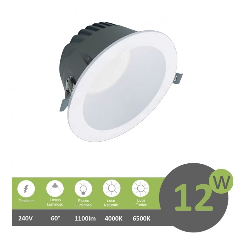Faro led Downlight 12W foro Ø 105mm tondo da incasso plafoniera luce cob bianco naturale