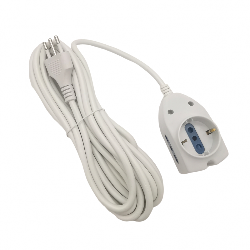 Prolunga elettrica 5 10 15 metri 2 prese bipasso 16A/10 + presa shuko con spina piatta 10A multipresa bianco